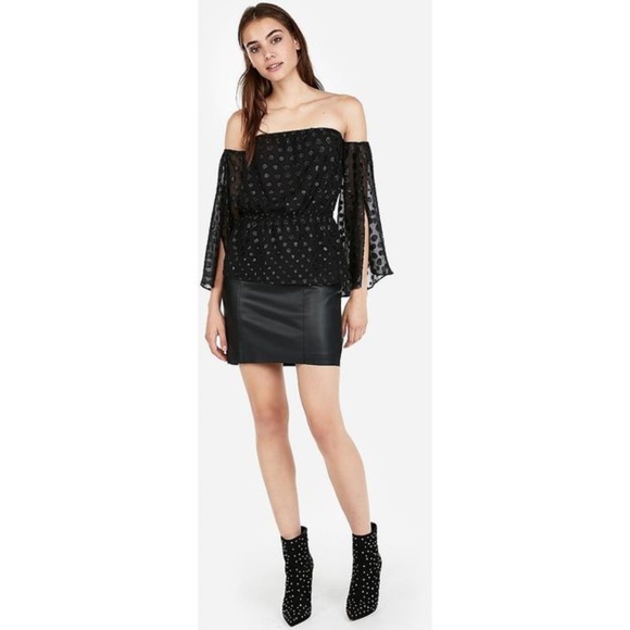 NWT Express Sheer Metallic Dot Off The Shoulder Cold Shoulder Black Top Blouse - Picture 3 of 4